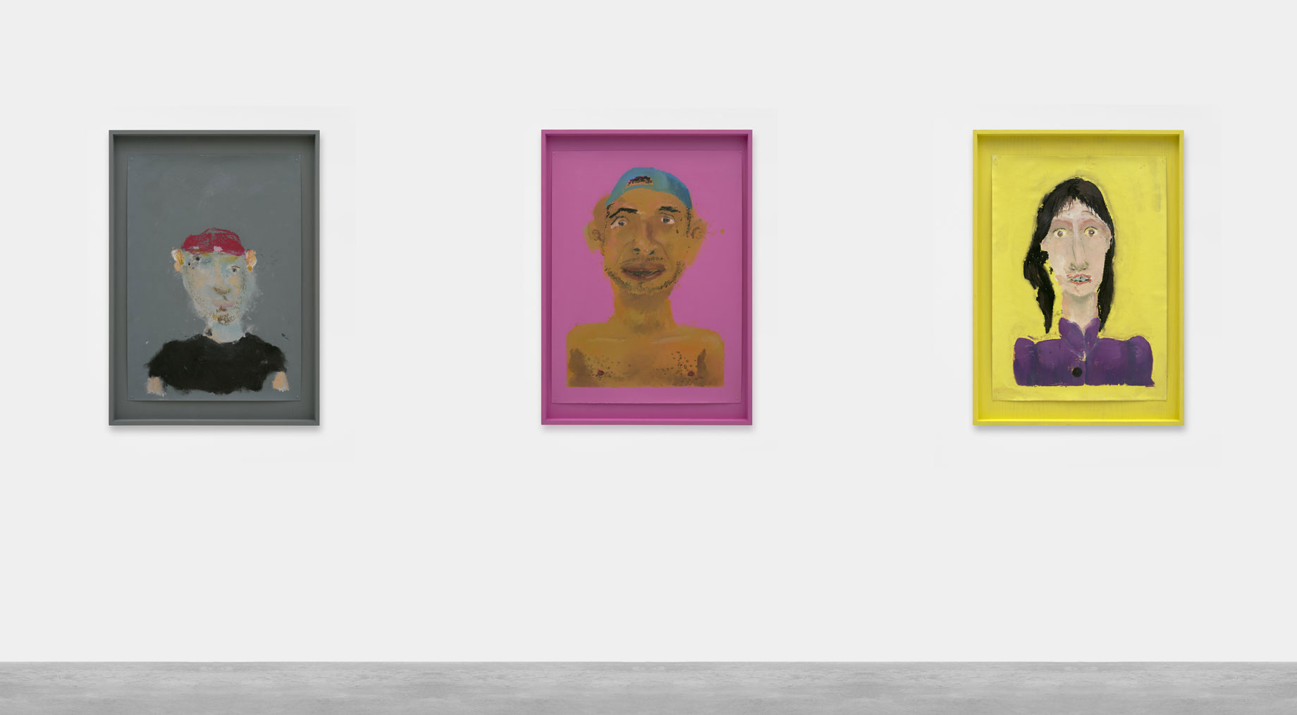 Left: Manuel Solano, Fred, 2019, Painting - Oil pastels and acrylic on canvas, 56 x 42 cm, Framed Dimensions: 70 x 50 x 4 cm, © Manuel Solano, Courtesy the artist and Peres Projects-Berlin. Center: Manuel Solano, Gabriel 2, 2019, Painting - Oil pastels and acrylic on canvas, 60 x 46 cm, Framed Dimensions: 70 x 50 x 4 cm, © Manuel Solano, Courtesy the artist and Peres Projects-Berlin. Right: Manuel Solano, Shelley, 2019, Painting - Oil pastels and acrylic on canvas, 59 x 42 cm, Framed Dimensions:, 70 x 50 x 4 cm © Manuel Solano, Courtesy the artist and Peres Projects-Berlin