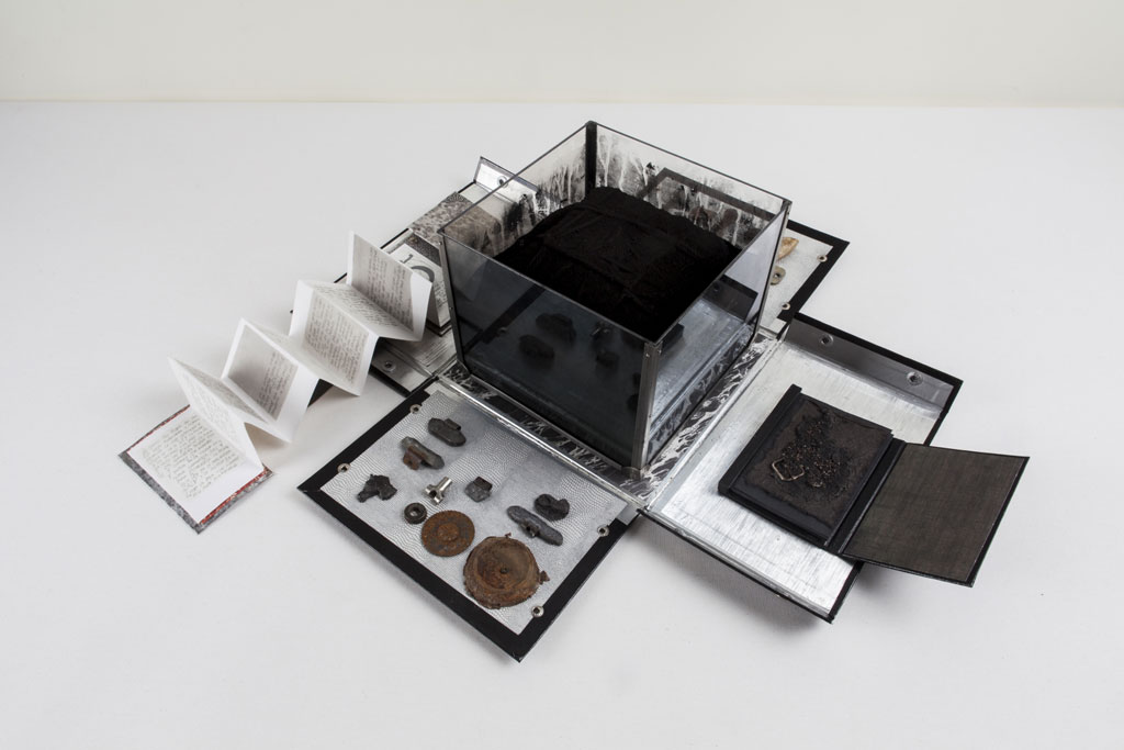 Ricardo Brey, The Black Cube, 2012, Metals, ceramic, glass, pigment, lead, wood, rope, cardboard, paper, one drawing and one leporello stile book Dimensions variable, © Ricardo Brey, Courtesy the artist and Alexander Gray Associates