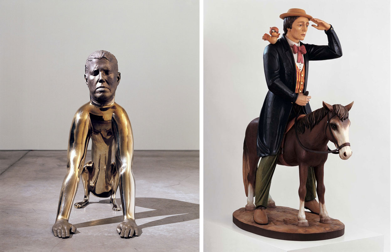 Left: Rona Pondick, Dog, 1998-2001, Yellow stainless steel, 71.1 x 41.9 cm x 81.3 cm, Courtesy of the Sonnabend Collection Foundation and Antonio Homem. Right: Jeff Koons, Buster Keaton, 1988, Polychromed wood, 167 x 127 x 67 cm, Courtesy of the Sonnabend Collection Foundation and Antonio Homem