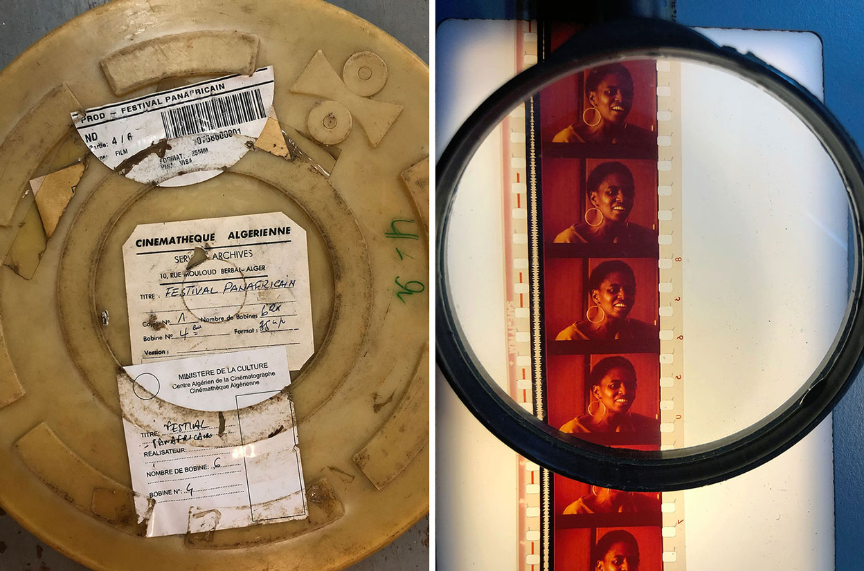 Left & Right: Zineb Sedira, Standing Here Wondering Which Way to Go, 2019, 4-screen video installation, Archives Cinémathèque d’Alger. , Production : Jeu de Paume, IVAM, Museu Calouste Gulbenkian, Bildmuseet, © Zineb Sedira / ADAGP, Paris, 2019, Courtesy the artist, kamel mennour-Paris/London and The Third Line-Dubai