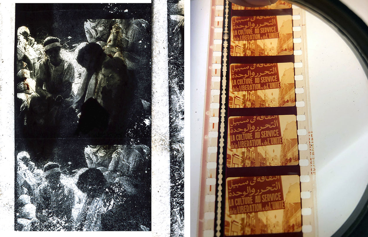 Left & Right: Zineb Sedira, Standing Here Wondering Which Way to Go, 2019, 4-screen video installation, Archives Cinémathèque d’Alger. , Production : Jeu de Paume, IVAM, Museu Calouste Gulbenkian, Bildmuseet, © Zineb Sedira / ADAGP, Paris, 2019, Courtesy the artist, kamel mennour-Paris/London and The Third Line-Dubai