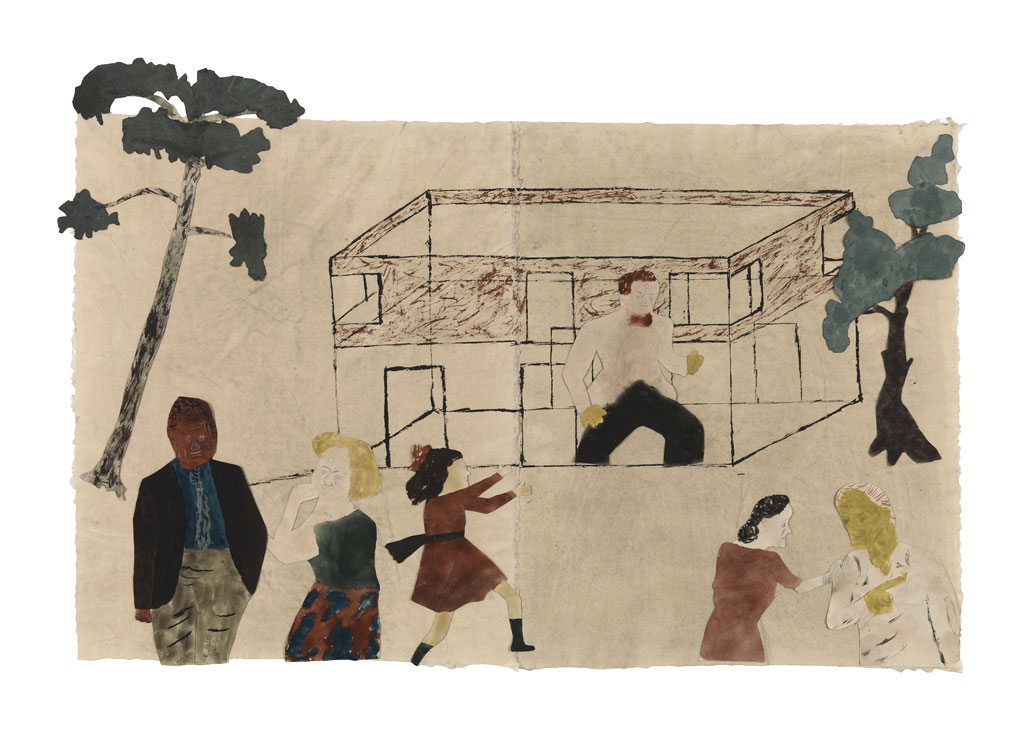 Jockum Nordström, How to get in, 2019, Watercolour, graphite, crayon, and collage on paper, 70 x 103 cm, © Jockum Nordström, Courtesy the artist and David Zwirner Gallery