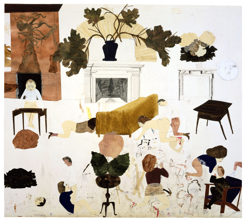 Jockum Nordström, Every Cabin Needs A Fireplace, 2001, Collage, watercolor, gouache, and graphite on paper, 66 x 73.7 cm, © Jockum Nordström, Courtesy the artist and David Zwirner Gallery
