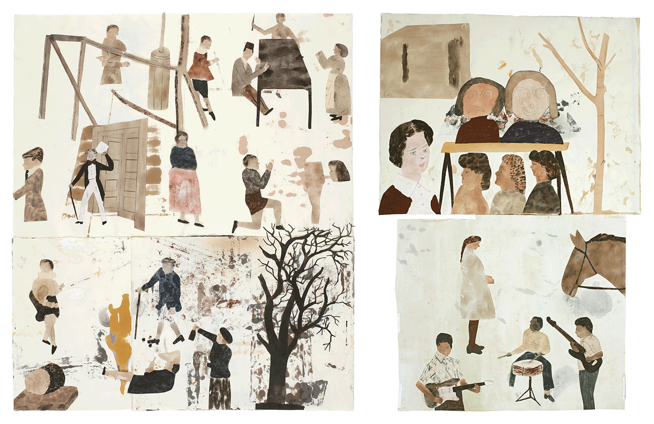 Jockum Nordström, A Flickering Dream Of Time, 2009, Watercolor, graphite, and collage on paper, 109.5 x 97.8 cm, © Jockum Nordström, Courtesy the artist and David Zwirner Gallery. Right: Jockum Nordström, Nursery School, 2010, Top paper: 48.5 x 63 cm, Bottom paper: 47 x 54.5 cm, © Jockum Nordström, Courtesy the artist and David Zwirner Gallery
