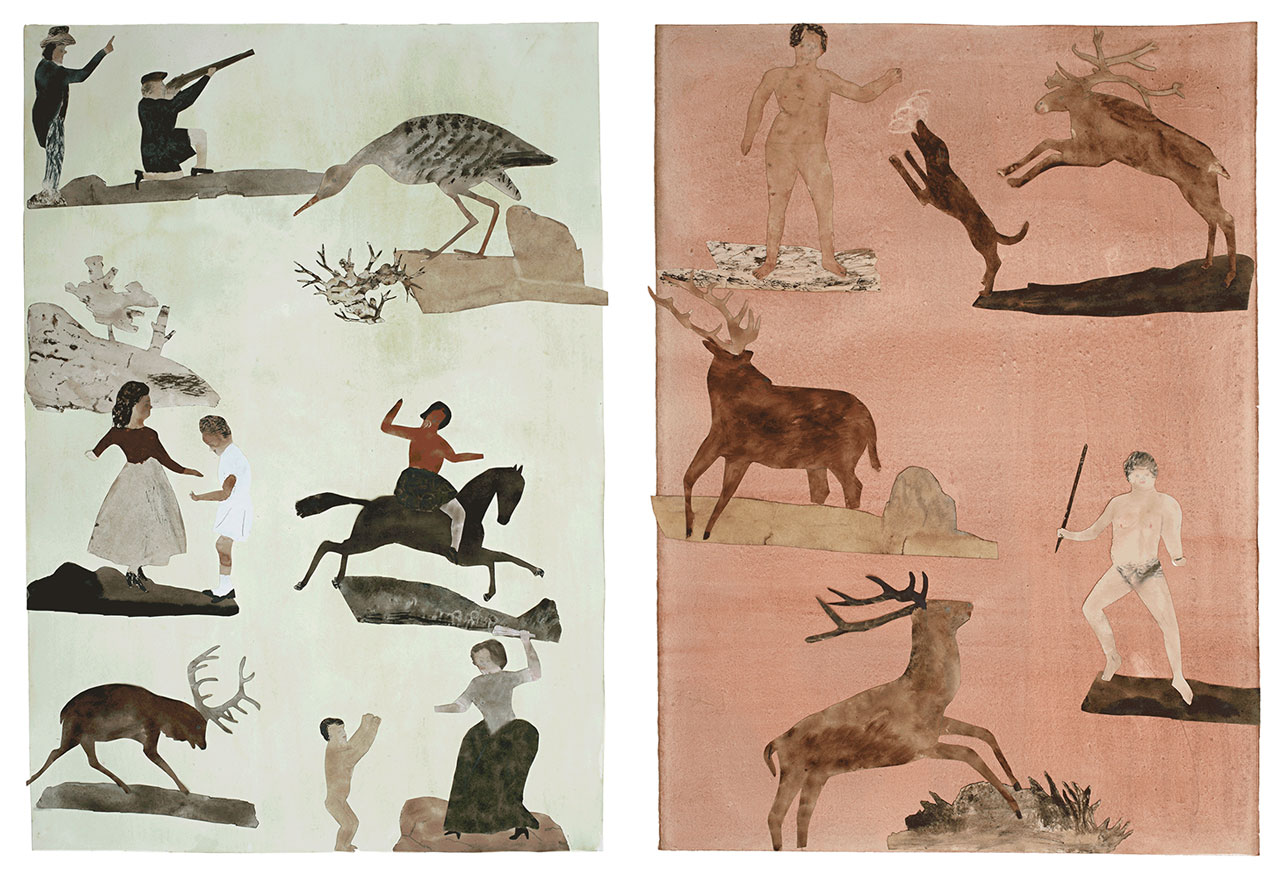 Jockum Nordström, Human Form Divine, 2010, Watercolor, graphite, and collage on paper, 99.5 x 71 cm, © Jockum Nordström, Courtesy the artist and David Zwirner Gallery. Right: Jockum Nordström, Child of Nature, 2010, Watercolor, graphite, and collage on paper, 75.9 x 57.2 cm © Jockum Nordström, Courtesy the artist and David Zwirner Gallery