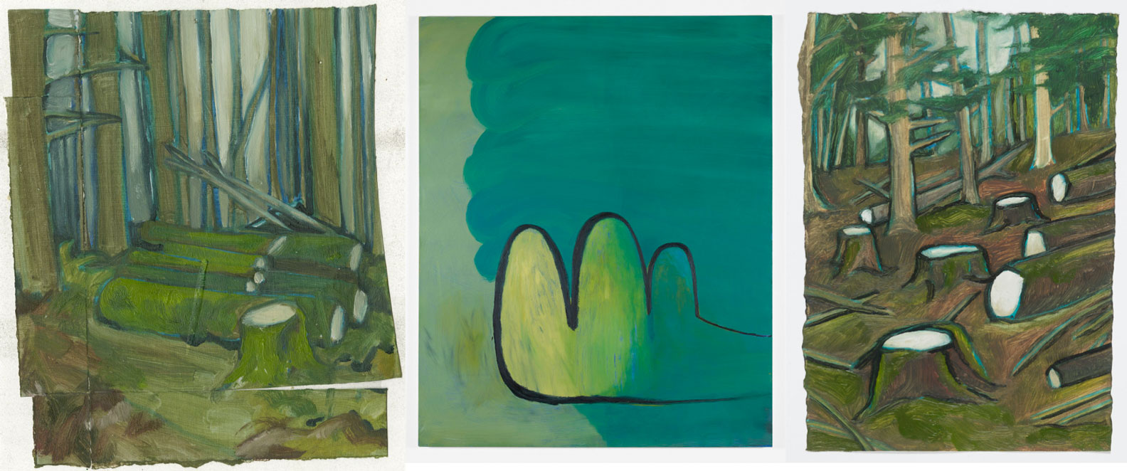 Left: Becca May Collins, Symptom No 1, 2018, oil on paper, 21.5 x 18 cm, © Becca May Collins, Courtesy the artist and Bloomberg New Contemporaries. Center” Gabriela Giroletti, Around and Around, 2018, Oil on canvas, © Gabriela Giroletti, Courtesy the artist and Bloomberg New Contemporaries. Right: Becca May Collins, A Pattern, 2018, oil on paper, 27 x 21 cm, © Becca May Collins, Courtesy the artist and Bloomberg New Contemporaries