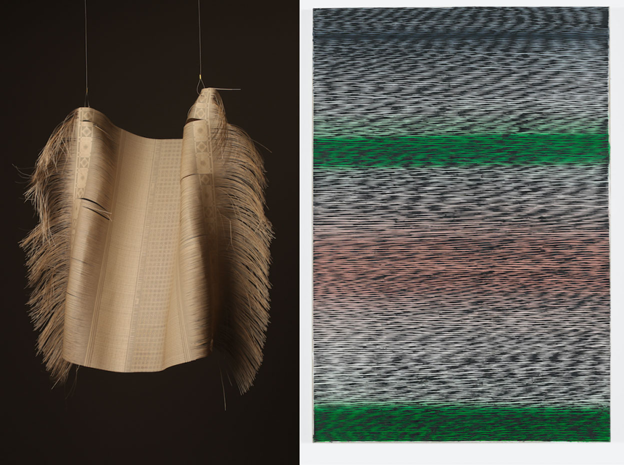 Left: Isobel Napier, Paper Piece, 1, 2017 Laser cut newsprint plotting paper, 70 x 80 cm, © Isobel Napier, Courtesy the artist and Bloomberg New Contemporaries. Right: Stefania Zocco, LLC/secondo, 2019, oil on linen, 130 x 89 cm, © Stefania Zocco, Courtesy the artist and Bloomberg New Contemporaries