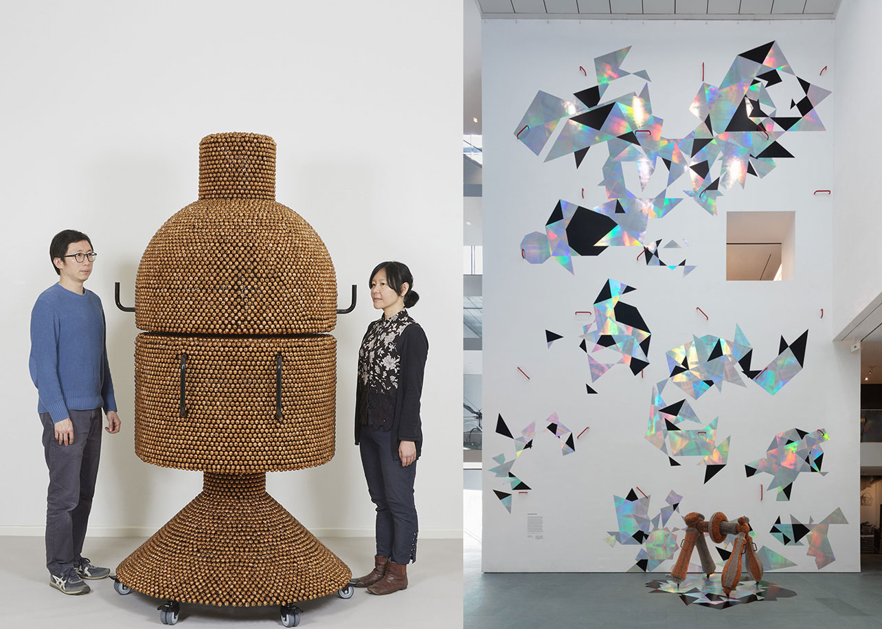 Left: Haegue Yang. Sonic Coupe Copper – Enclosed Unity from the installation Handles. 2019. Powder-coated steel frame, mesh, and handles, ball bearing, casters, copper-plated bells, and metal rings, 212 × 110 × 110 cm. Commissioned for the Marron Atrium by The Museum of Modern Art, New York. © Haegue Yang and Greene Naftali, New York. Image courtesy Studio Haegue Yang. Right: Installation view of Haegue Yang: Handles. 2019. Commissioned for the Marron Atrium by The Museum of Modern Art, New York. Photo by Denis Doorly
