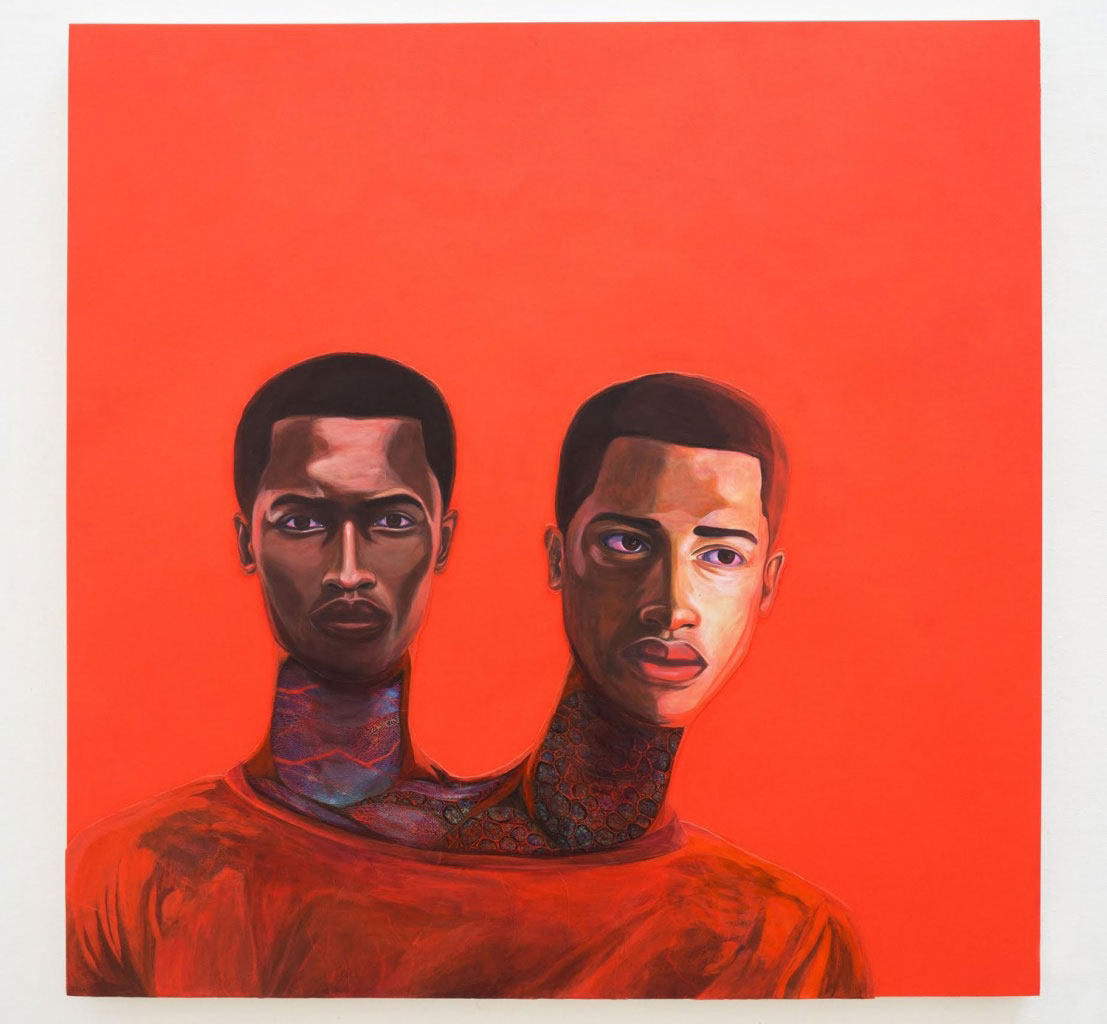 Vaughn Spann, I grew an extra head to wach over my brother, 2018, Polymer paint, collage, flashe on wood panel, 152 x 152 cm, © Vaughn Spann, Courtesy the artist and Almine Rech Gallery