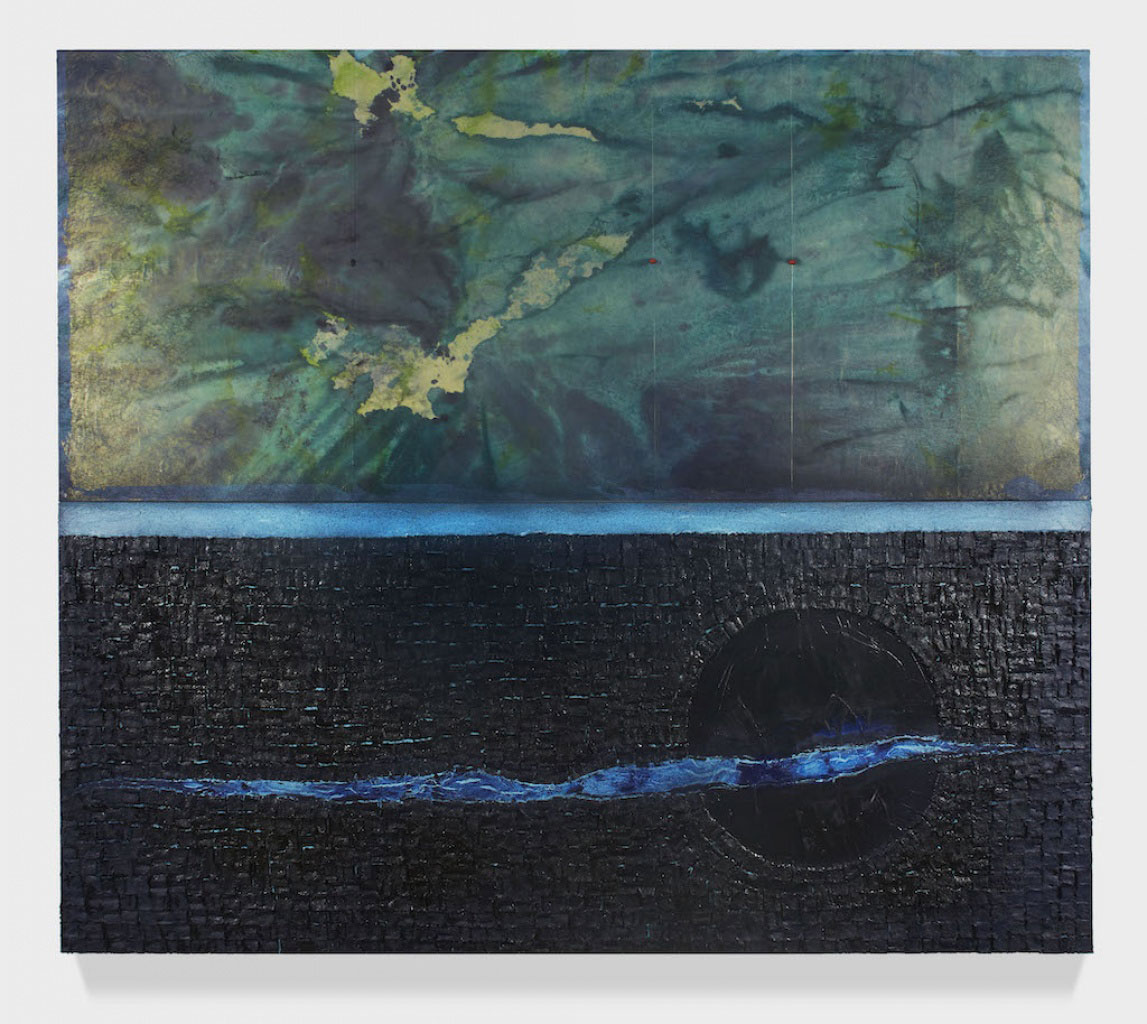Vaughn Spann, A moment for you and I, 2018, Polymer paint, paper pulp, silk, flashe, terry cloth, canvas on stretcher aluminium bars, 213 x 244 cm, © Vaughn Spann, Courtesy the artist and Almine Rech Gallery