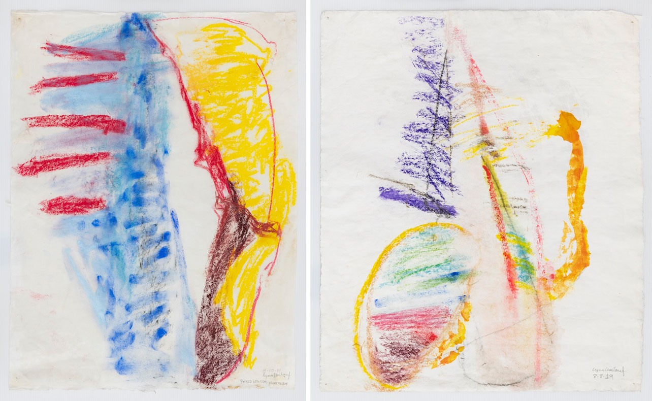 Left: Lynn Umlauf , August 10, 2019, Pastel, powdered blue pigment, rice paper coated with acrylic on reverse side, 64 cm x 49 cm Photo: Adam Reich, © Lynn Umlauf , Courtesy the artist and Zürcher Gallery Right: Lynn Umlauf , August 8, 2019, Pastel, powdered blue pigment, rice paper coated with acrylic on reverse side, 56 cm x 47 cm Photo: Adam Reich, © Lynn Umlauf , Courtesy the artist and Zürcher Gallery