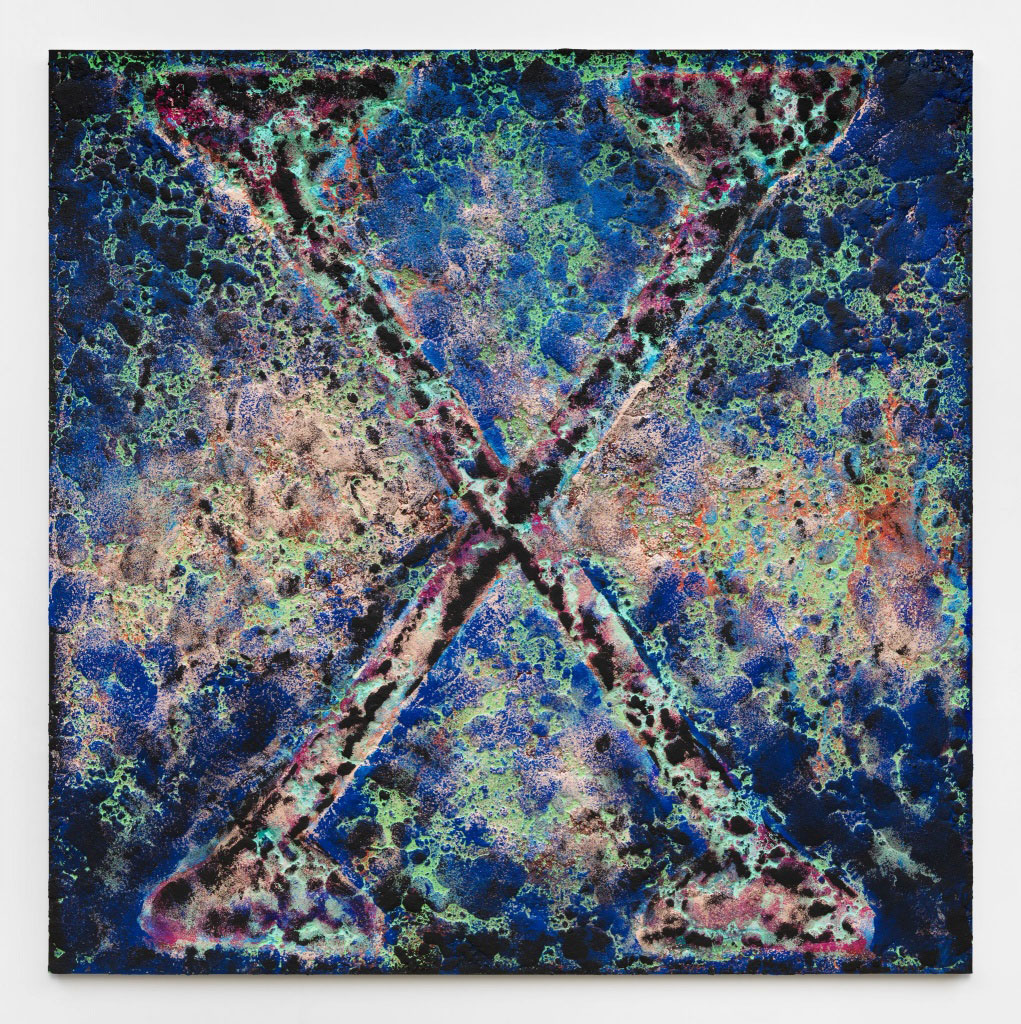 Vaughn Spann, Cosmic Symbiote (Marked man), 2019, Polymer paint, mixed media on stretcher aluminium bars, 213.4 x 213.7 cm, © Vaughn Spann, Courtesy the artist and Almine Rech Gallery