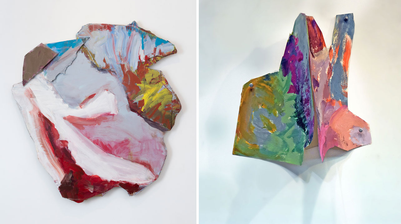 Left: Lynn Umlauf , December 12, 1984” Acrylic, pastel, Tycore, corrugated paper, masonite, 147 cm x 142 cm x 28 cm, Photo: Adam Reich, © Lynn Umlauf , Courtesy the artist and Zürcher Gallery Right: Lynn Umlauf , March 10, 1984, Paper, acrylic, 36 cm x 36 cm x 21 cm, Photo: Adam Reich, © Lynn Umlauf , Courtesy the artist and Zürcher Gallery
