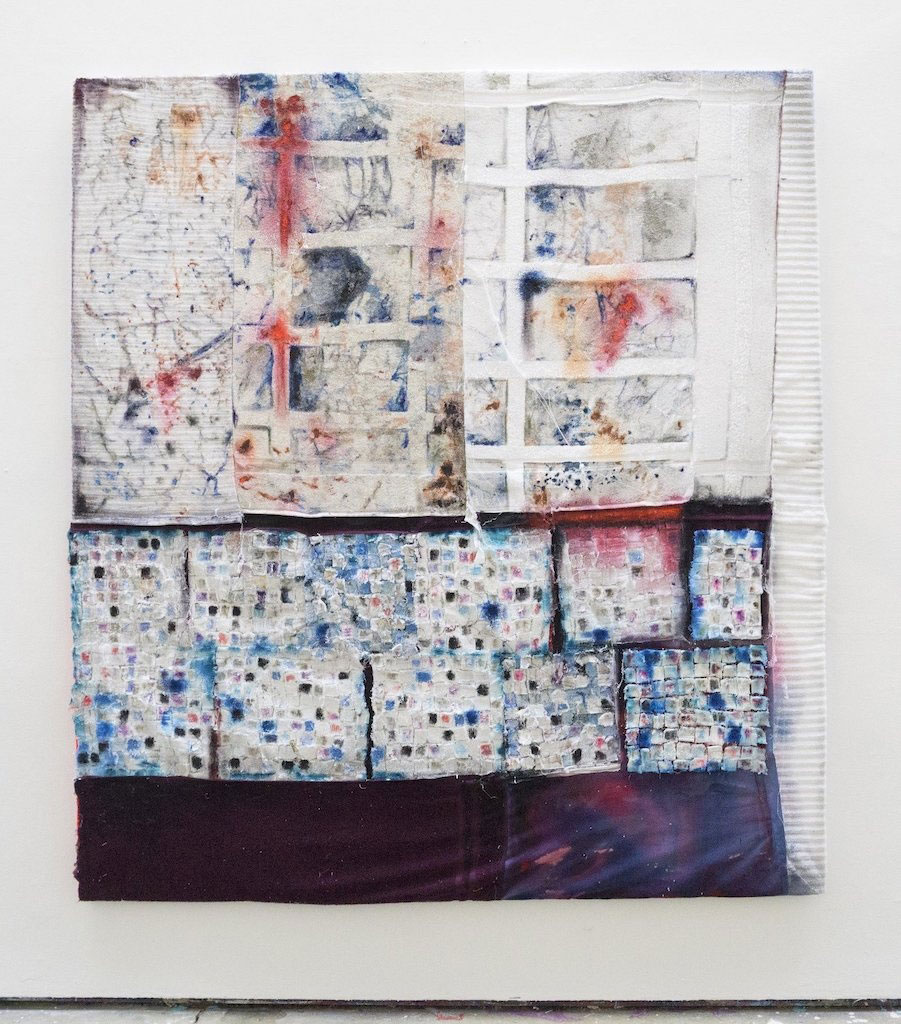 Vaughn Spann, siren, 2017, Polymer paint, flashe, terry cloth, marker, oil, canvas on stretcher aluminium bars, 229 x 203 cm, © Vaughn Spann, Courtesy the artist and Almine Rech Gallery