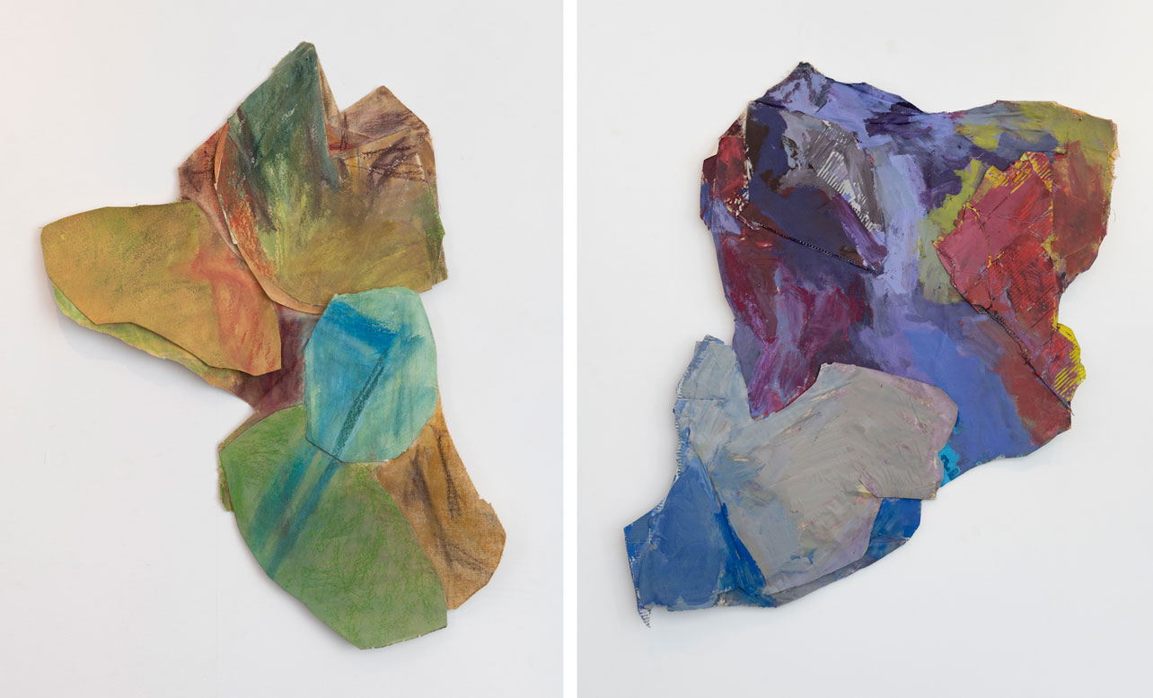 Left: Lynn Umlauf , December 8, 1981, Pastel and acrylic on paper, canvas and paper collage, 91 cm x 61 cm Photo: Adam Reich, © Lynn Umlauf , Courtesy the artist and Zürcher Gallery Right: Lynn Umlauf , August 14, 1983, Acrylic, pastel, corrugated paper, canvas, 135 cm x 112 cm x 15 cm, Photo: Adam Reich, © Lynn Umlauf , Courtesy the artist and Zürcher Gallery