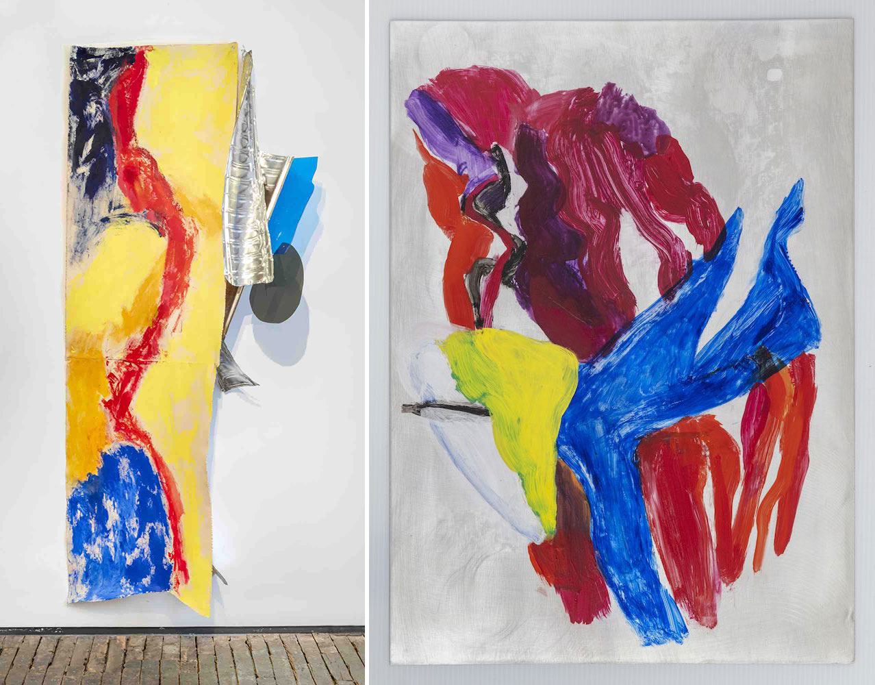 Left: Lynn Umlauf, October 15, 2019, Mademoiselle, Canvas primed front and back, acrylic, pastel, oil stick, chromed steel, plexiglas, rivets, cotter pins, screws, and nails, 270 cm x 117 cm, Photo: Adam Reich, © Lynn Umlauf , Courtesy the artist and Zürcher Gallery Right: Lynn Umlauf , July, 1990, Golden mineral spirit paint, burnished aluminum, nails, 46 cm x 33 cm, Photo: Adam Reich, © Lynn Umlauf , Courtesy the artist and Zürcher Gallery