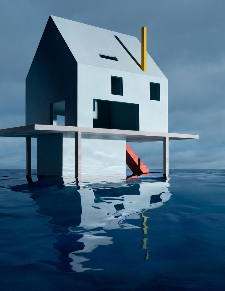 James Casebere, Blue House on Water #2, 2018-2019, Framed archival pigment print mounted to dibond, 160 x 126 cm, © James Casebere, Courtesy the artist and Galerie Templon