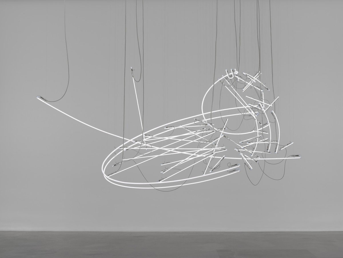 Cerith Wyn Evans, …take Apprentice in the Sun II, 2020, White neon, 104 × 235 × 63 cm, © Cerith Wyn Evans, Courtesy the artist and White Cube Gallery