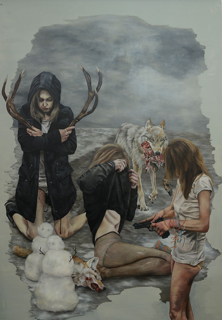 Lydia Balke, A Stained Mattress. Two frozen bodies. One, 2017, Oil on nettle 230 x 160 cm, Courtesy of the artist. Photo: The artist, © Lydia Balke