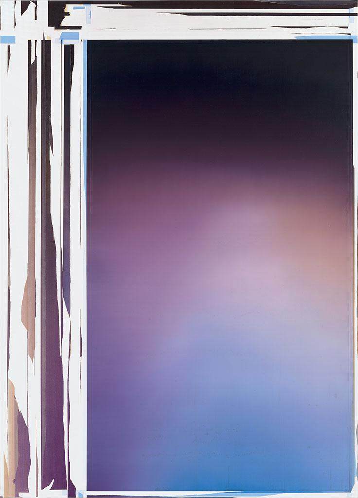 Benedikt Leonhardt, Untitled (CCD-MR / VD-CYD-1), 2019, Oil, acrylic paint, vinyl paint, colored pencil, tape and filler on canvas, 240 x 172.5 cm, Courtesy of the artist, Photo: Humme Leipzig, © Benedikt Leonhardt