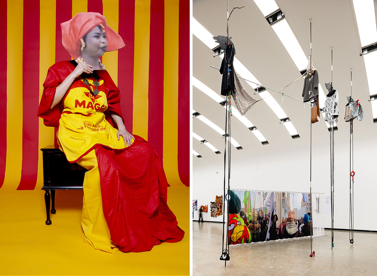 Left: Adji Dieye, Maggic Cube, 2016-2019, Courtesy the artist Right: Installation view: ... of bread, wine, cars, security and peace, Kunsthalle Wien 2020, photo: Jorit Aust: Alice Creischer, In the Stomach of the Predators, 2012–2014, courtesy the artist & KOW, Berlin