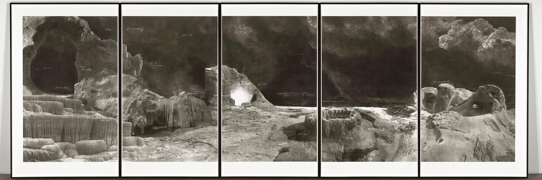 Tacita Dean, Quatemary, 2014, Photogravure, 5 panels each in 2 parts, on Somerset White Satin 400g. Each panel 199 x 129.5 cm (240 x 710 cm total framed work), Printed by Mette Ulstrup, Julie Dam and Tom Jennions. Published by Niels Borch Jensen Editions, Copenhagen. Courtesy: The Saastamoinen Foundation Art Collection