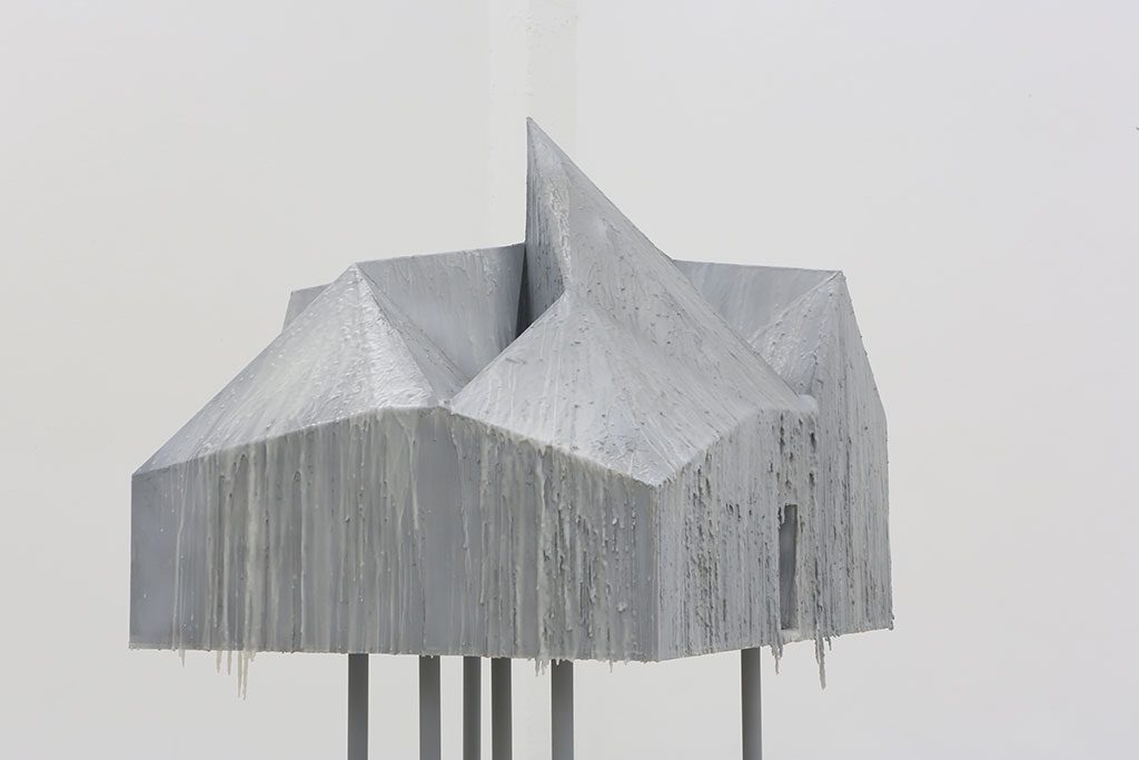 Charbel-joseph H. Boutros, An artwork that is shown close to the model of the unrealized project where ideally that work should be shown, 2019, Blown glass sphere, water from the atlantic ocean, a teardrop from a gallerist left eye, metallic structure, carpet, desert and beach sand, model of an unrealized museum, Dimensions variable, Work commissioned for Home Works 8, Ashkal Alwan-Beirut, Courtesy the artist, Grey Noise