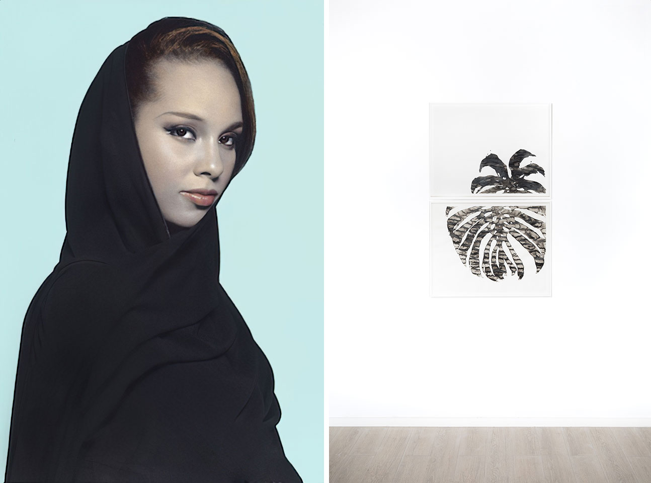 Left: Youssef Nabil, Alicia Keys-New York, 2010, Hand colored gelatin silver print, 50 x 75 cm, © Youssef Nabil, Courtesy the artist and third Line Gallery Right: Abbas Akhavan, Untitled_2017, Ink on paper, Diptych, 50 x 65 cm each, © Abbas Akhavan, Courtesy the artist and third Line Gallery