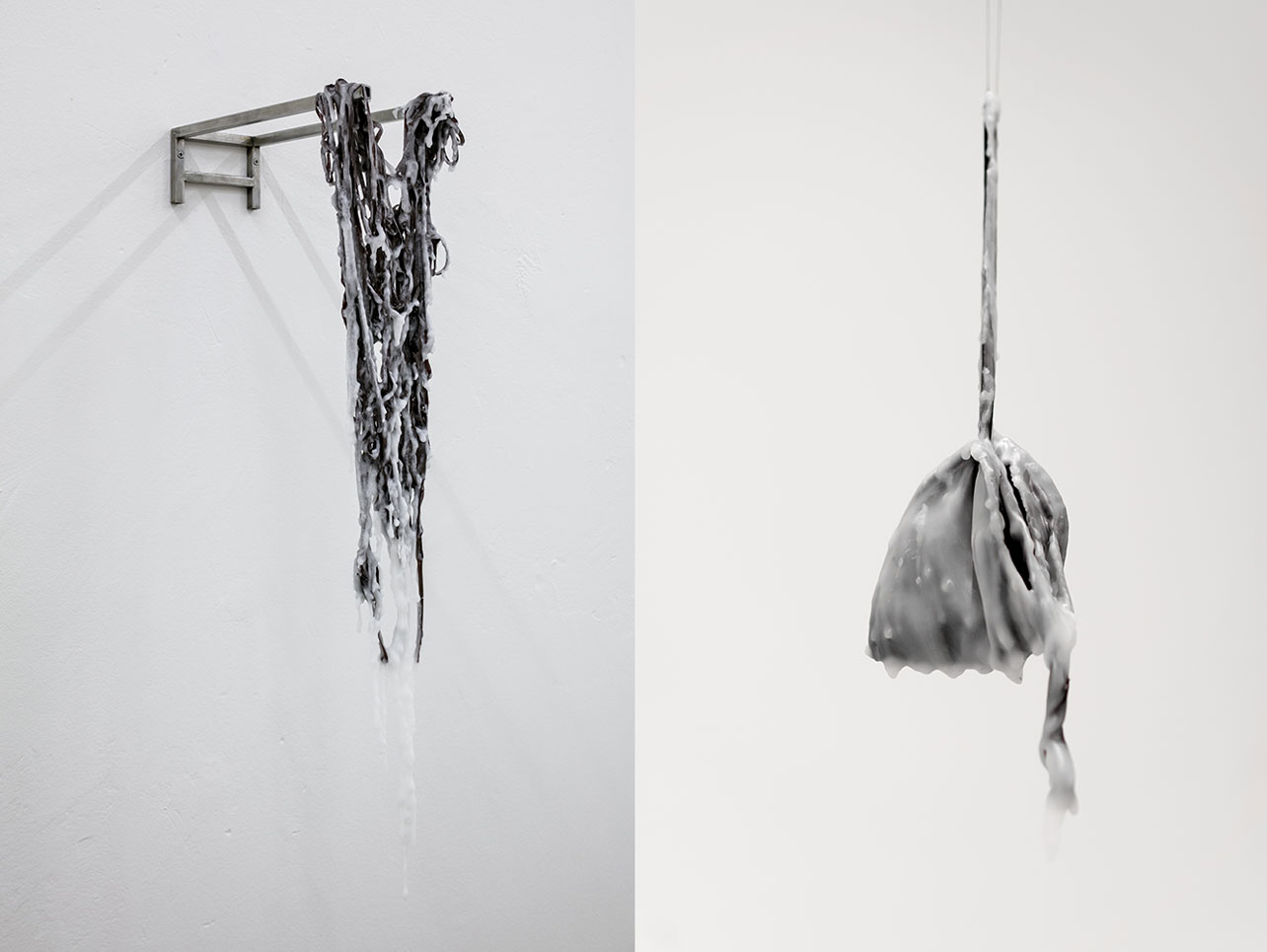 Left: Charbel-joseph H. Boutros, GEOGRAPHY & ABSTRACTION, Beirut Art, Center, carpet, concrete cylinders, darkness and heat, 2017-2020, work commissioned for Home Works 8 - Ashkal Alwan-Beirut, Courtesy the artist, Grey Noise, Jaqueline Martins Gallery Right: Charbel-joseph H. Boutros, If close to the sun a drop may fall 2019, 2019, albums’s tape, wax, Courtesy of the artist, Grey Noise and Jaqueline Martins Gallery