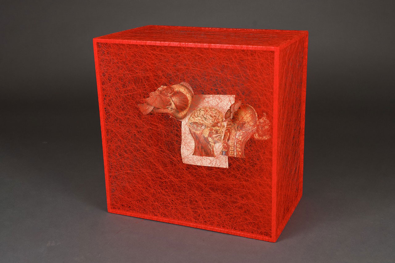 Chiharu Shiota, State of Being (Anatomy Book), 2020 , Metal frame, anatomy book and thread, 50 x 50 x 30 cm, © Chiharu Shiota, Courtesy the artist and Galerie Templon