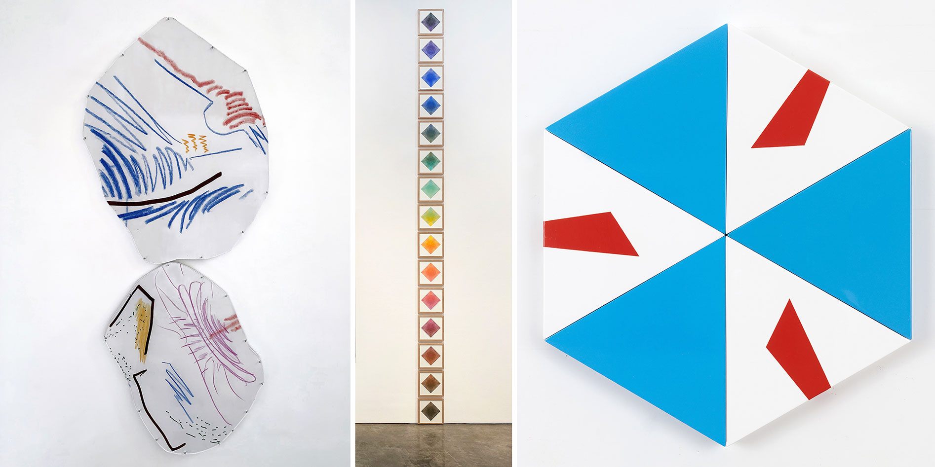 Left: Sara Naim, Waves, Pain, Tingling, Pleasure, Heaviness, Heat, 151.4 x 63.8cm, © Sara Naim, Courtesy the artist and third Line Gallery Center: Nima Nabavi, Series 7, 2020, Archival Ink on Cotton Paper, 21.3 cm x 21.3 cm, Each Work, © Nima Nabavi, Courtesy the artist and third Line Gallery Right: Pouran Jinchji, A as Alpha Hexagon, 2017, Enamel on MDF panels 46 x 37.5 cm, © Pouran Jinchji, Courtesy the artist and third Line Gallery