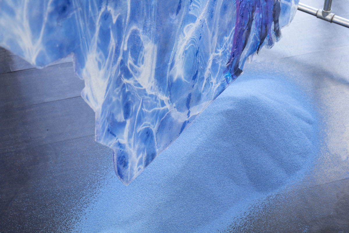 Flaka Haliti, what are they thinking that we thinking that they thinking we going to do next? #2 (detail), 2019, Foil, print, polyeurethane resin, spray paint galvanized steel, water pipes, sand 237 x 233 x 90 cm, © Flaka Haliti, Courtesy the artist and Deborah Schamoni Gallery