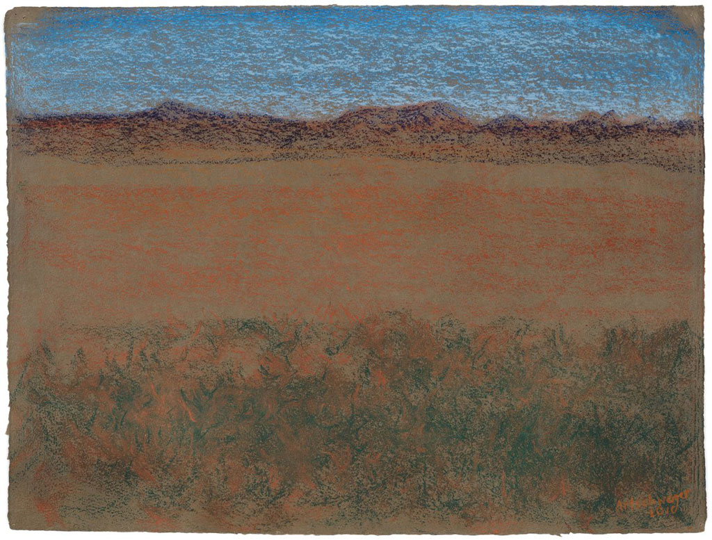 Richard Artschwager, Horizontal Landscape with Blue Mountains, 2010, Pastel on handmade paper, 45.7 x 60 cm, © Estate of Richard Artschwager/Artist Rights Society (ARS), NY 2020/VG Bild-Kunst, Bonn 2020. Courtesy Gagosian Gallery and Sprüth Magers. Photo: © Robert McKeever