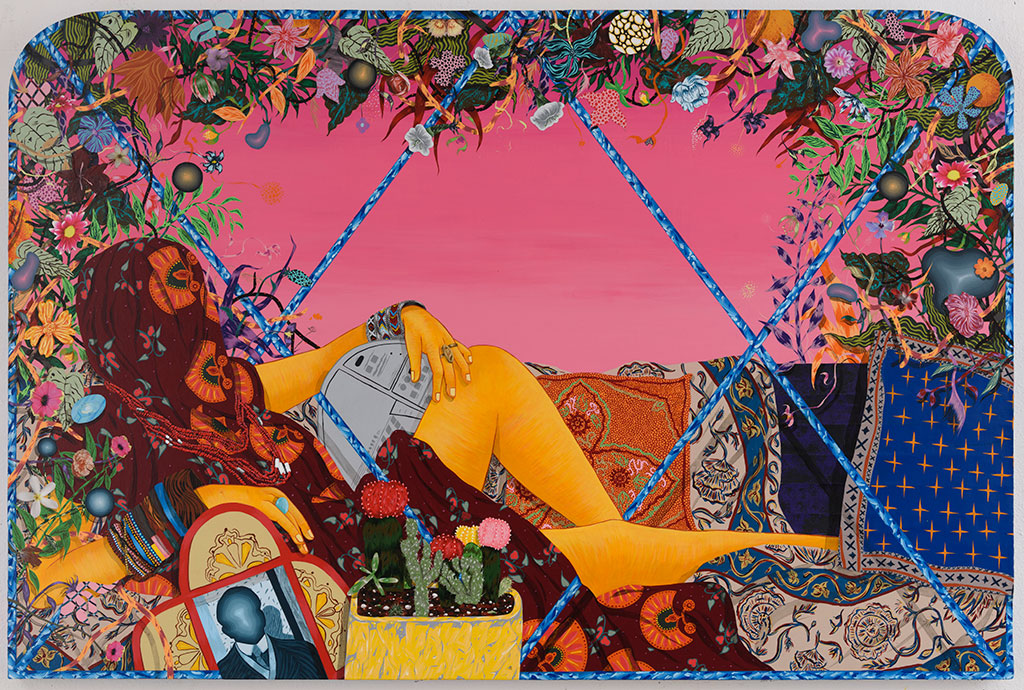 Amir H. Fallah, The Filmmakers Reflection, 2017, Acrylic, colored pencil and collage on paper mounted to Canvas, 122 x 183 cm, © Amir H. Fallah, Courtesy the artist and third Line Gallery