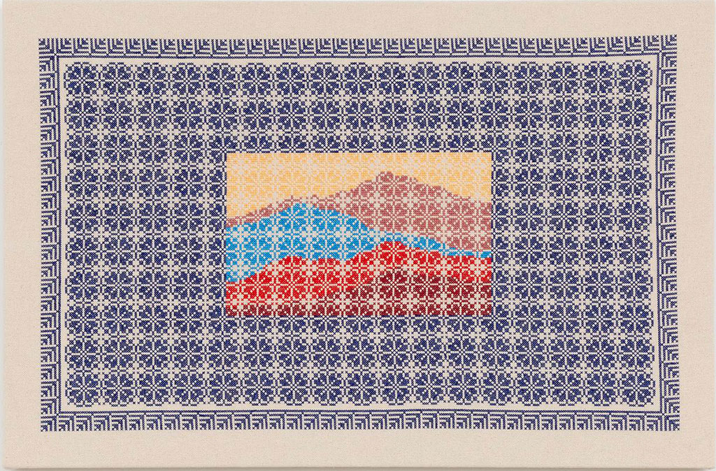 Jordan Nassar, In The Yellow Lake, 2020, Hand-Embroidered Cotton on Cotton 51 x 86.4 cm, © Jordan Nassar, Courtesy the artist and third Line Gallery