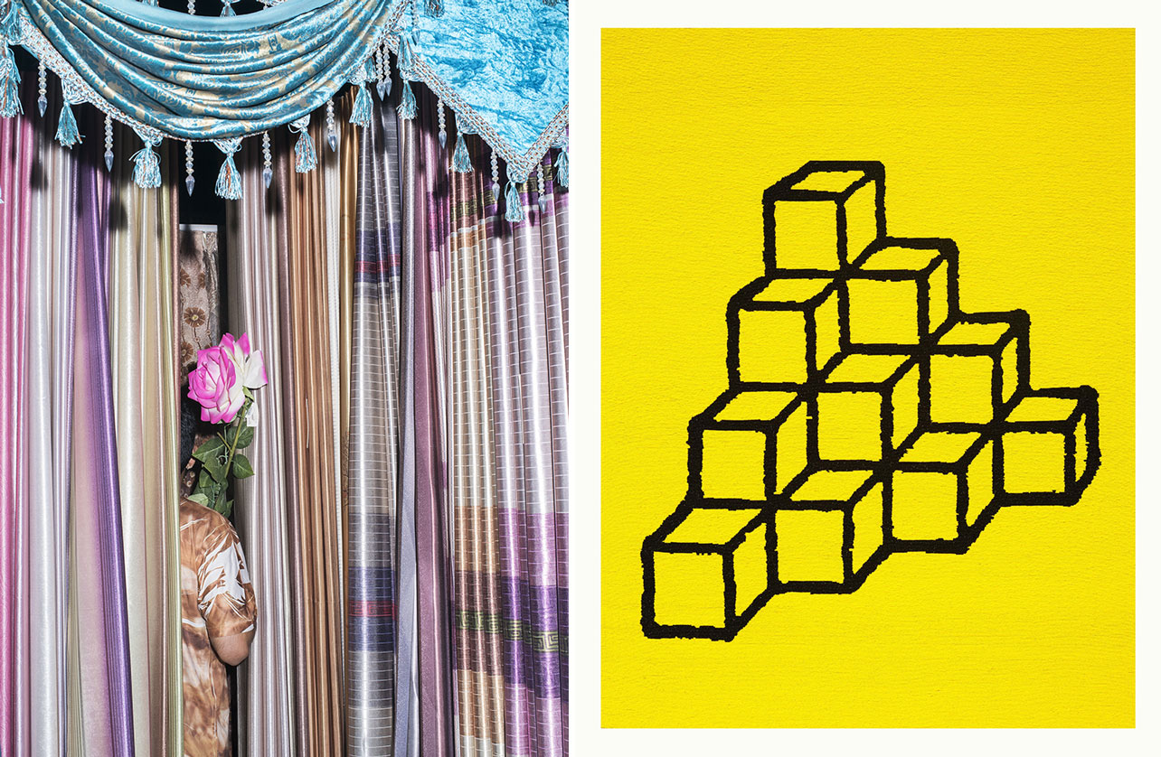 Left: Farah Al Qasimi, curtain Shop 30 x 40 cm, © Farah Al Qasimi,, Courtesy the artist and third Line Gallery Right: Farhad Moshiri, Blocks, 2018, Hand embroidered beads on canvas on board, 180 x 137 cm, © Farhad Moshiri, Courtesy the artist and third Line Gallery