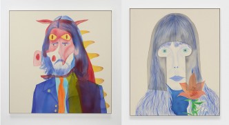 Left: Jason Fox, Dragon Turns On Itself, 2019, acrylic and pencil on canvas, 139.7 x 139.7 x 2.5 cm, framed:141.6 x 141.6 x 4.4 cm, © Jason Fox, Courtesy the artist and David Kordansky Gallery Right: Jason Fox, Mars, 2019, oil, acrylic, and pencil on canvas, 127.3 x 106.7 x 2.5 cm, framed: 128.9 x 108.6 x 4.4 cm, © Jason Fox, Courtesy the artist and David Kordansky Gallery