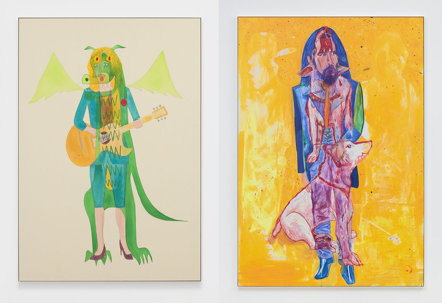 Left: Jason Fox, Then Play On, 2019, oil, acrylic, and pencil on canvas, 228.6 x 157.5 x 3.8 cm, framed: 230.5 x 159.4 x 4.4 cm), © Jason Fox, Courtesy the artist and David Kordansky Gallery Right: Jason Fox, Leviathan, 2019, oil, acrylic, and pencil on canvas, 228.3 x 157.2 x 3.8 cm, framed: 230.2 x 159.1 x 4.4 cm), © Jason Fox, Courtesy the artist and David Kordansky Gallery