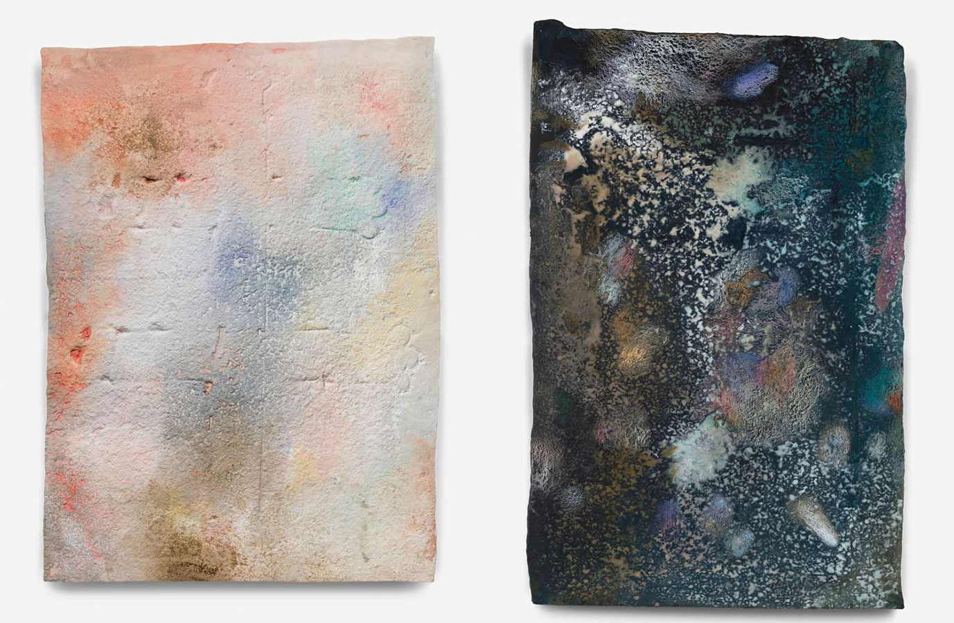 Left: Raúl Illarramendi, Offering n°9, 2019, Gouache and color pencil on acrylic resin 178 x 128 x 5 cm, Verso signed, dated and titled with graphite pencil, © Raúl Illarramendi, Courtesy the artist and Galerie Karsten Greve Right: Raúl Illarramendi, Offering Fragment n°7, 2019, Gouache and color pencil on acrylic resin, 102 x 65,5 x 3,5 cm, © Raúl Illarramendi, Courtesy the artist and Galerie Karsten Greve