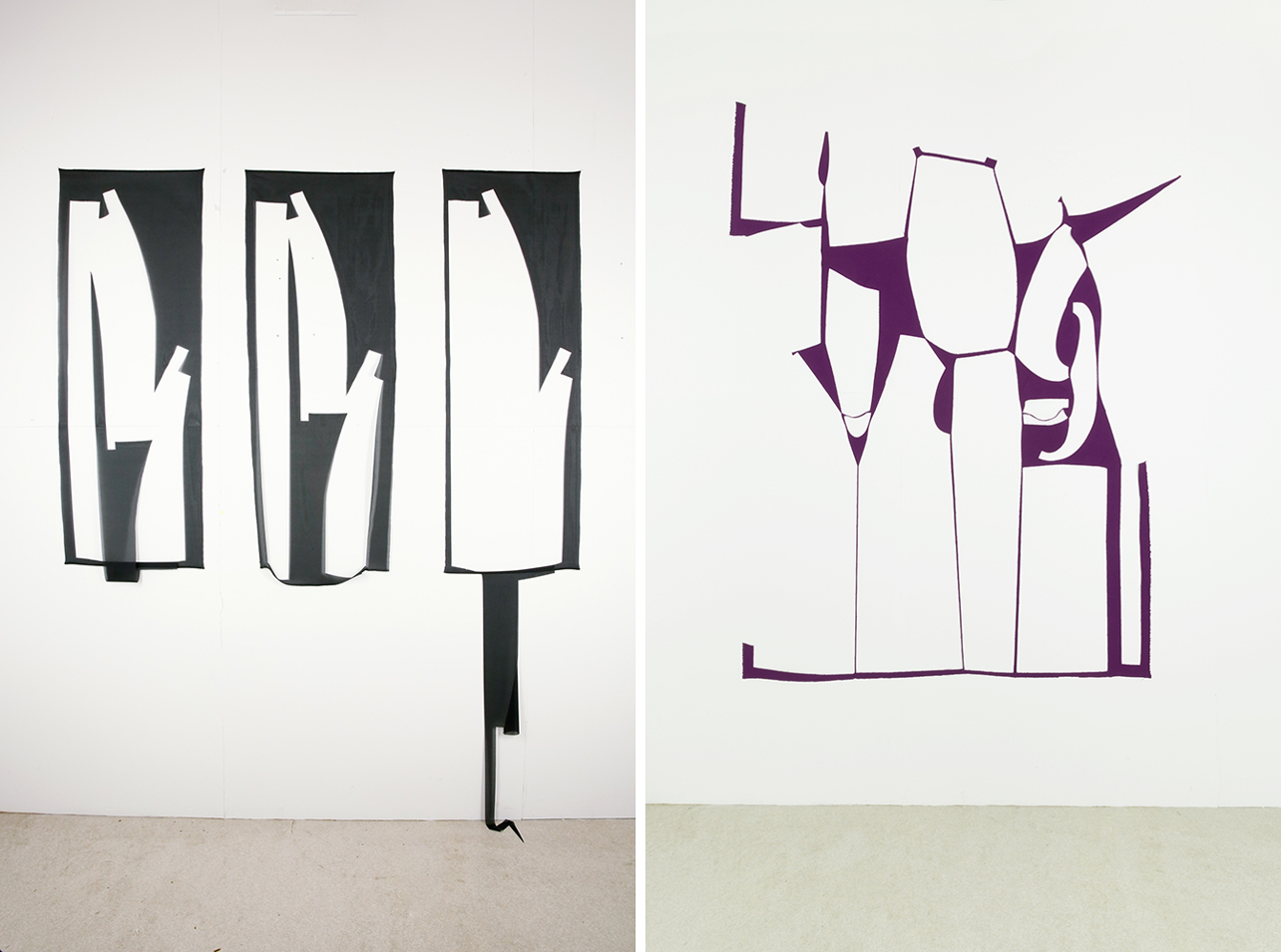 Left: Marion Baruch, Lasciar cadere (triptych 1), 2018, Polyester veil, installation size 260 × 220 cm, © Marion Baruch, Courtesy the artist and Galerie Urs Meile, Beijing-Lucerne Right: Marion Baruch, L'enchanteur, 2016, Wool cloth, 208 Χ 170 cm, © Marion Baruch, Courtesy the artist and Galerie Urs Meile, Beijing-Lucerne