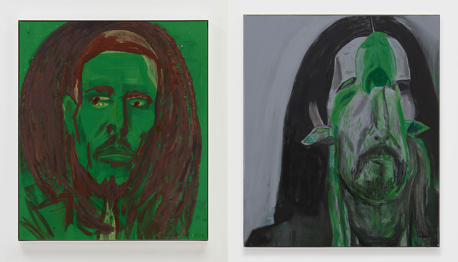Left: Jason Fox, Wales, 2020, oil, acrylic, and pencil on canvas, 106.7 x 91.4 x 3.8 cm, framed: 108.6 x 93.3 x 5.7 cm, © Jason Fox, Courtesy the artist and David Kordansky Gallery Right: Jason Fox, Peter, 2020, oil, acrylic, and pencil on canvas, 127.3 x 106.7 x 2.9 cm, framed: 128.9 x 108.6 x 4.4 cm, © Jason Fox, Courtesy the artist and David Kordansky Gallery