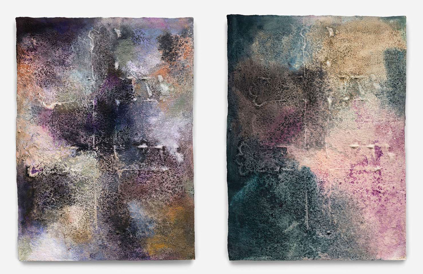 Left: Raúl Illarramendi, Offering n°2, 2019 Gouache and color pencil on acrylic resin , 178 x 128 x 5 cm, Verso signed, dated and titled with graphite pencil, © Raúl Illarramendi, Courtesy the artist and Galerie Karsten Greve Right: Raúl Illarramendi, Offering n°3, 2019, Gouache and color pencil on acrylic resin, 178 x 128 x 5 cm © Raúl Illarramendi, Courtesy the artist and Galerie Karsten Greve