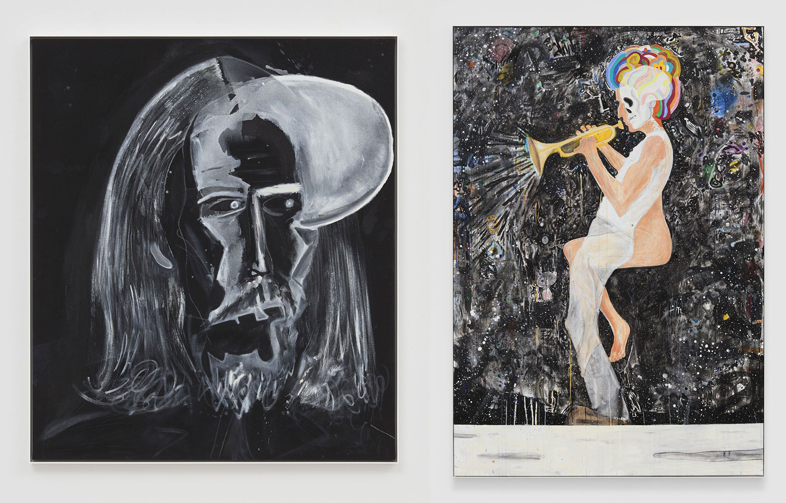 Left: Jason Fox, 66, 2019, oil, acrylic, and pencil on canvas, 106.7 x 91.8 x 2.5 cm, framed: 108.6 x 93.3 x 4.4 cm, © Jason Fox, Courtesy the artist and David Kordansky Gallery Right: Jason Fox, Final Season, 2019, oil, acrylic, and pencil on canvas, 229.2 x 157.5 x 3.8 cm, framed: 231.1 x 159.4 x 4.4 cm, © Jason Fox, Courtesy the artist and David Kordansky Gallery