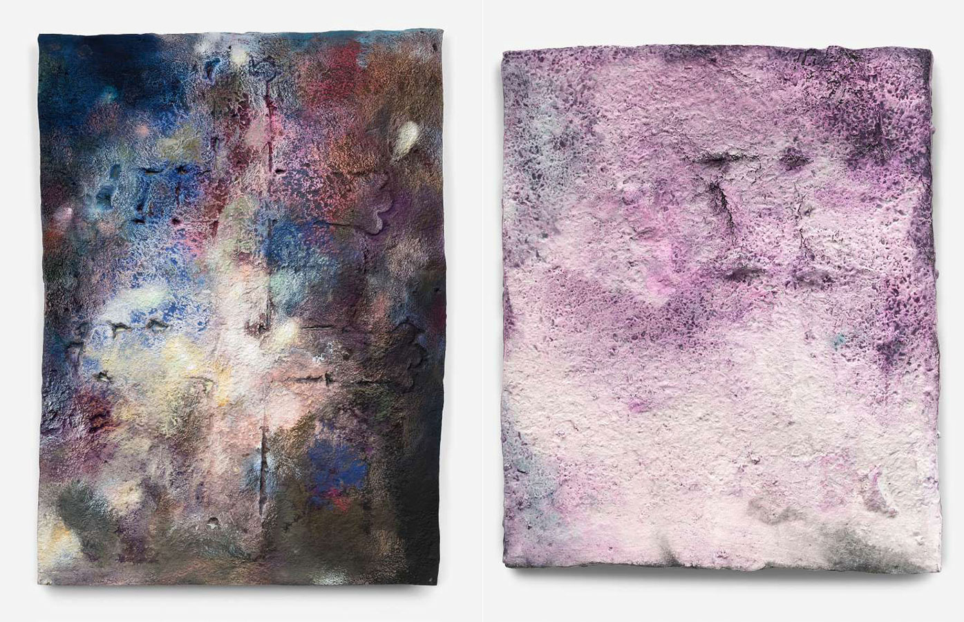 Left: Raúl Illarramendi, Offering n°2, 2019 Gouache and color pencil on acrylic resin , 178 x 128 x 5 cmOffering n°8, 2019, Gouache and color pencil on acrylic resin, 178 x 128 x 5 cm, Verso signed, dated and titled with graphite pencil, © Raúl Illarramendi, Courtesy the artist and Galerie Karsten Greve Right: Raúl Illarramendi, Offering Fragment n°1, 2019, Gouache and color pencil on acrylic resin, 76,5 x 63,5 x 4,5 cm, © Raúl Illarramendi, Courtesy the artist and Galerie Karsten Greve