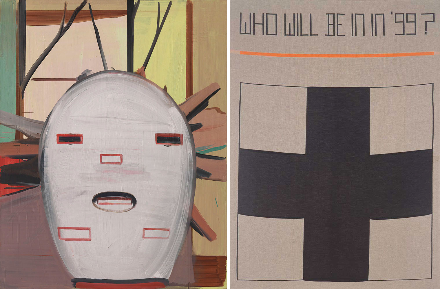 Left: Thomas Scheibitz, EX, 1997, Oil on canvas, 140 × 110 cm, Städel Museum, Frankfurt am Main, Property of the Städelscher Museums-Verein e.V. © VG Bild-Kunst, Bonn 2020 Right: Rosemarie Trockel, Who will be in in ’99?, 1988, Wool, 210 × 160 cm, DZ BANK Art Collection at the Städel Museum, Frankfurt am Main © VG Bild-Kunst, Bonn 2019