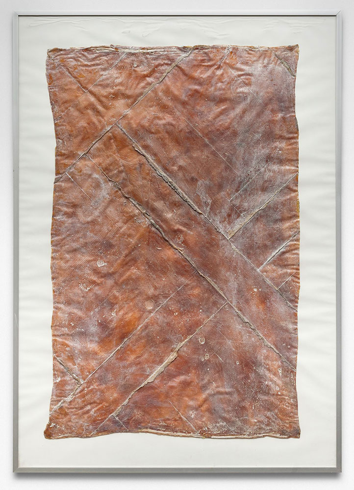 Heidi Bucher, Untitled (Der Parkettboden des Herrenzimmer / The Parquet floor of the Herrenzimmer) Wülflingen, Winterthur, 1979, Latex and mother of pearl pigment, 87 x 61.5 x 4 cm (framed), © Heidi Bucher, Courtesy the artist and Lehmann Maupin, New York and Hong Kong