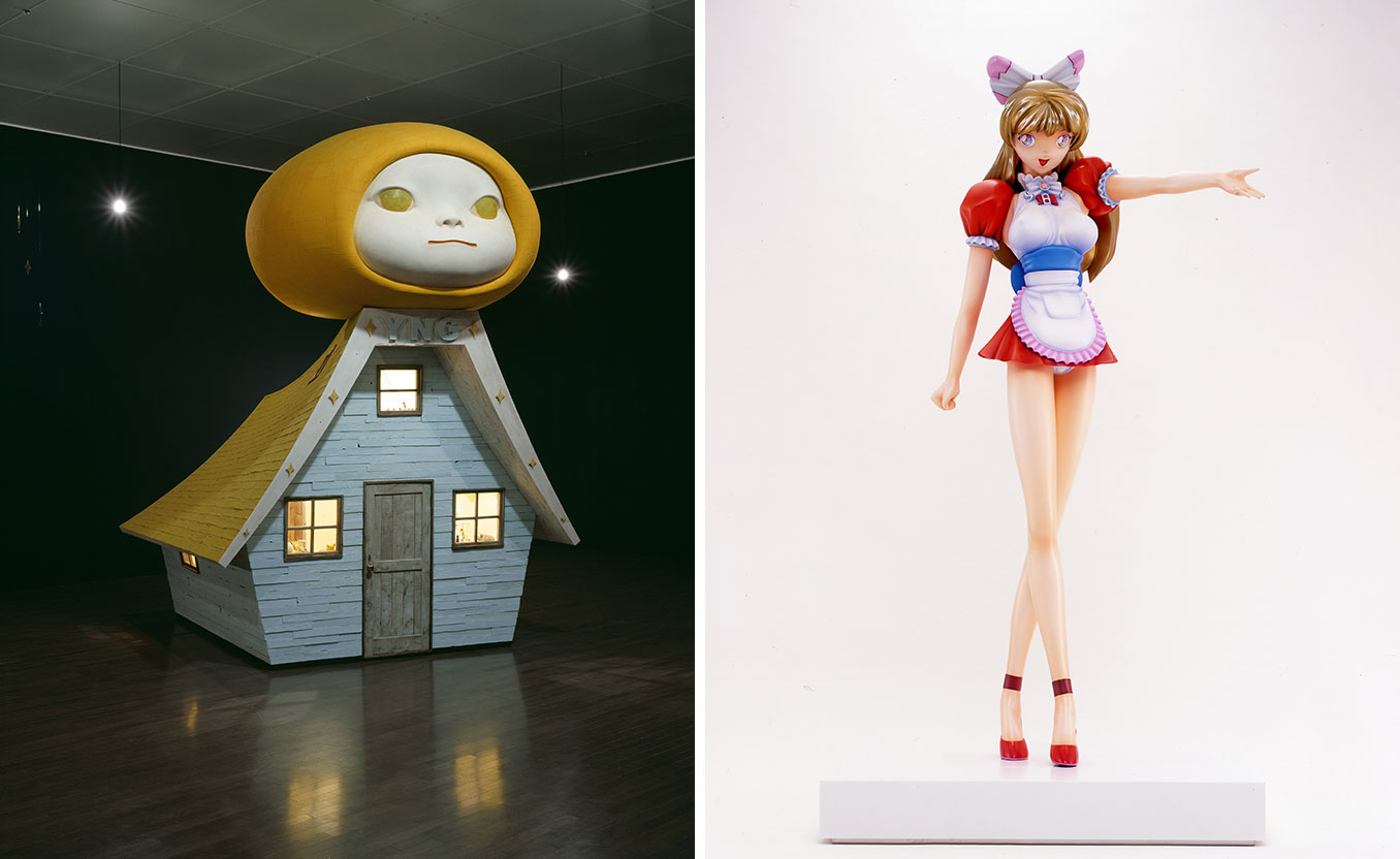 Left: Takashi Murakami, Miss Ko², 1996-2011, Lacquer paint on plastics, fiberglass, and iron, corian base, 181 x 61 x 102.5 cm Right: Yoshitomo Nara, Voyage of the Moon (Resting Moon) / Voyage of the Moon, 2006, Mixed media , 476 x 354 x 495 cm, Cooperation provided by graf, Collection: 21st Century Museum of Contemporary Art, Kanazawa, Photo: Nakamichi Atsushi / Nacása & Partners