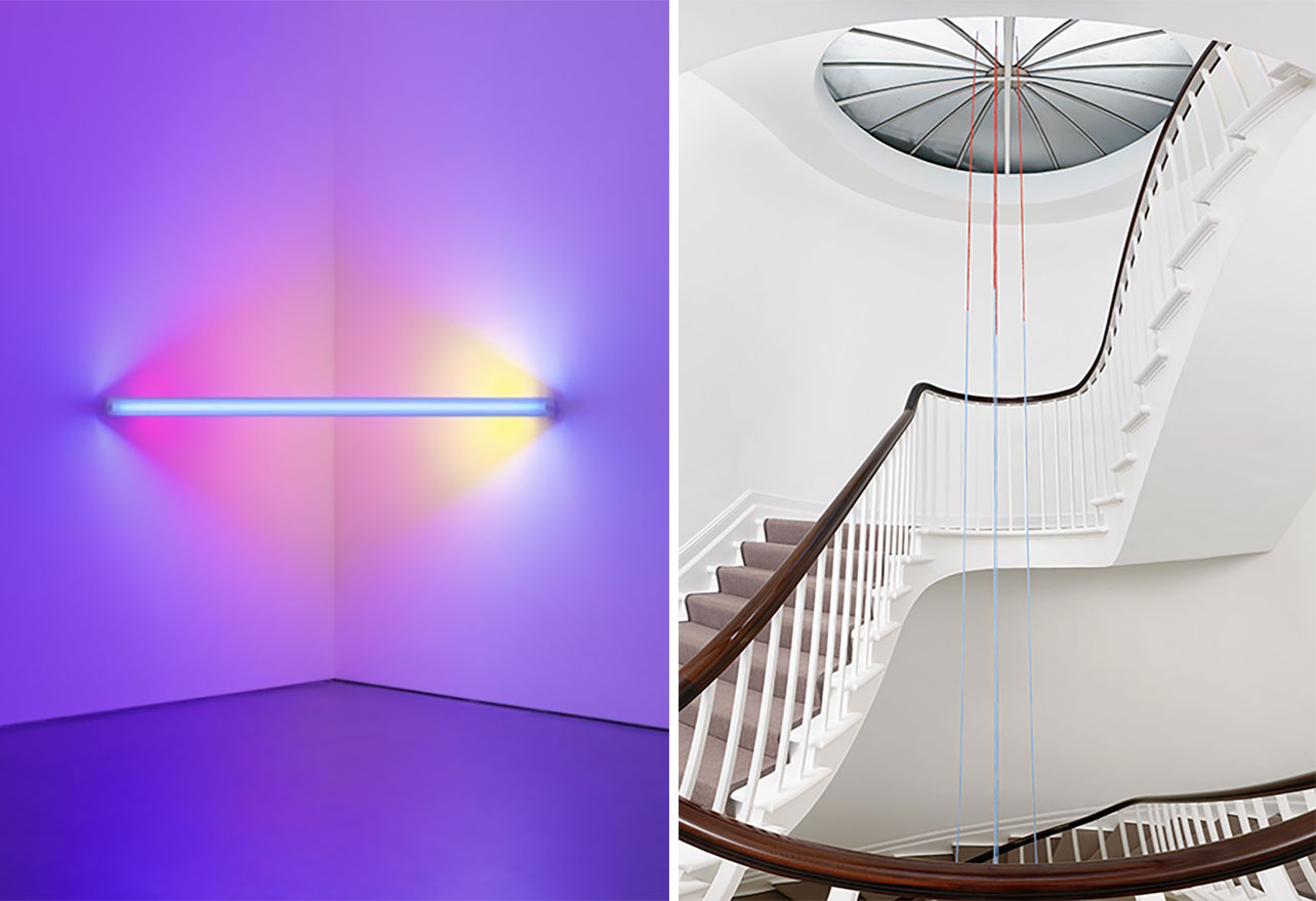 Left: Dan Flavin, untitled (to Virginia Dwan) 1 (1971). Blue, red, pink, and yellow fluorescent light. 64 inches (width), Courtesy David Zwirner. Right: Fred Sandback, Untitled (Four-part Vertical Construction), 1988, Light blue and red-brown acrylic yarn, Situational: spatial relationships established by the artist; overall dimensions vary with each installation, Courtesy David Zwirner Gallery