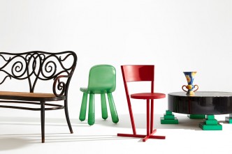 From left to right: Michael Thonet, couch Nr. 4 (variation on Café Daum-furniture), 1849-1850, prod. Gebrüder Thonet, Vienna; Marcel Wanders, Sparkling, 2010, prod. Magis, Torre di Mosto (IT); Richard Hutten, Stedelijk-chair (prototype), 2008, prod. Lensvelt, Breda (NL); Vally Wieselthier, vase, 1927, ex. Wiener Werkstätte, Vienna; Ettore Sottsass, table Park Lane, 1983, produced under the supervision of Memphis. Collection Stedelijk Museum Amsterdam. Photo: Peggy Janssen, styling: Heidi Willems - PURE styling