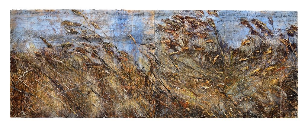Anselm Kiefer, Under der Linden an der Heide, dâ unser zweier bette was dâ muget ir vinden schöne beide gebrochen bluomen unde gras, Tandaradei, 2019, Paintings, Emulsion, oil paint, acrylic, shellac, chalk, gold leaf on canvas, 280 x 760 cm. (110.2 x 299.2 in.), © Anselm Kiefer, Courtesy the artist and Galerie Thaddaeus Ropac